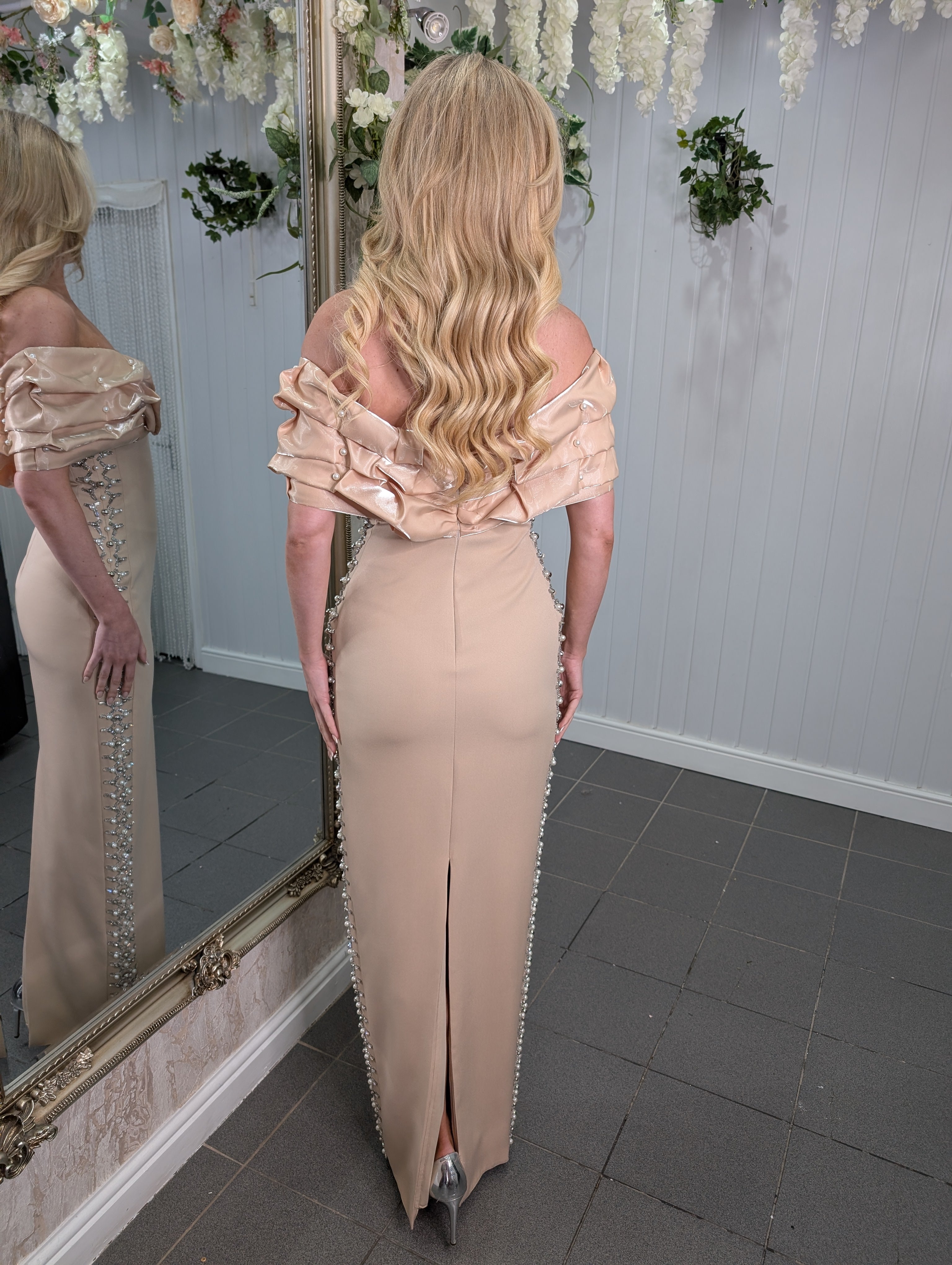 Nude Embellished Off The Shoulder Dress