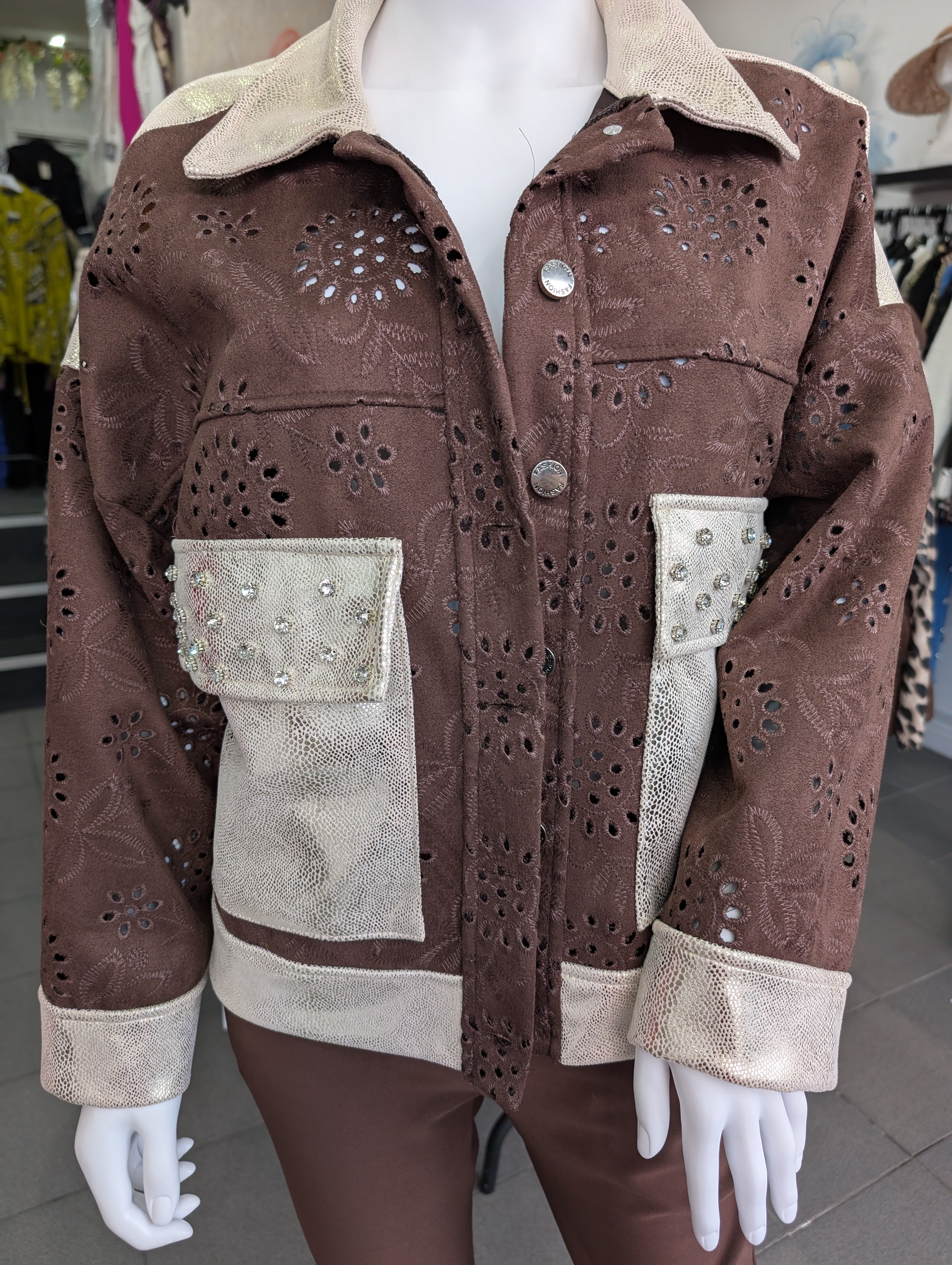 Chocolate Brown Suede Metallic Diamante Jacket