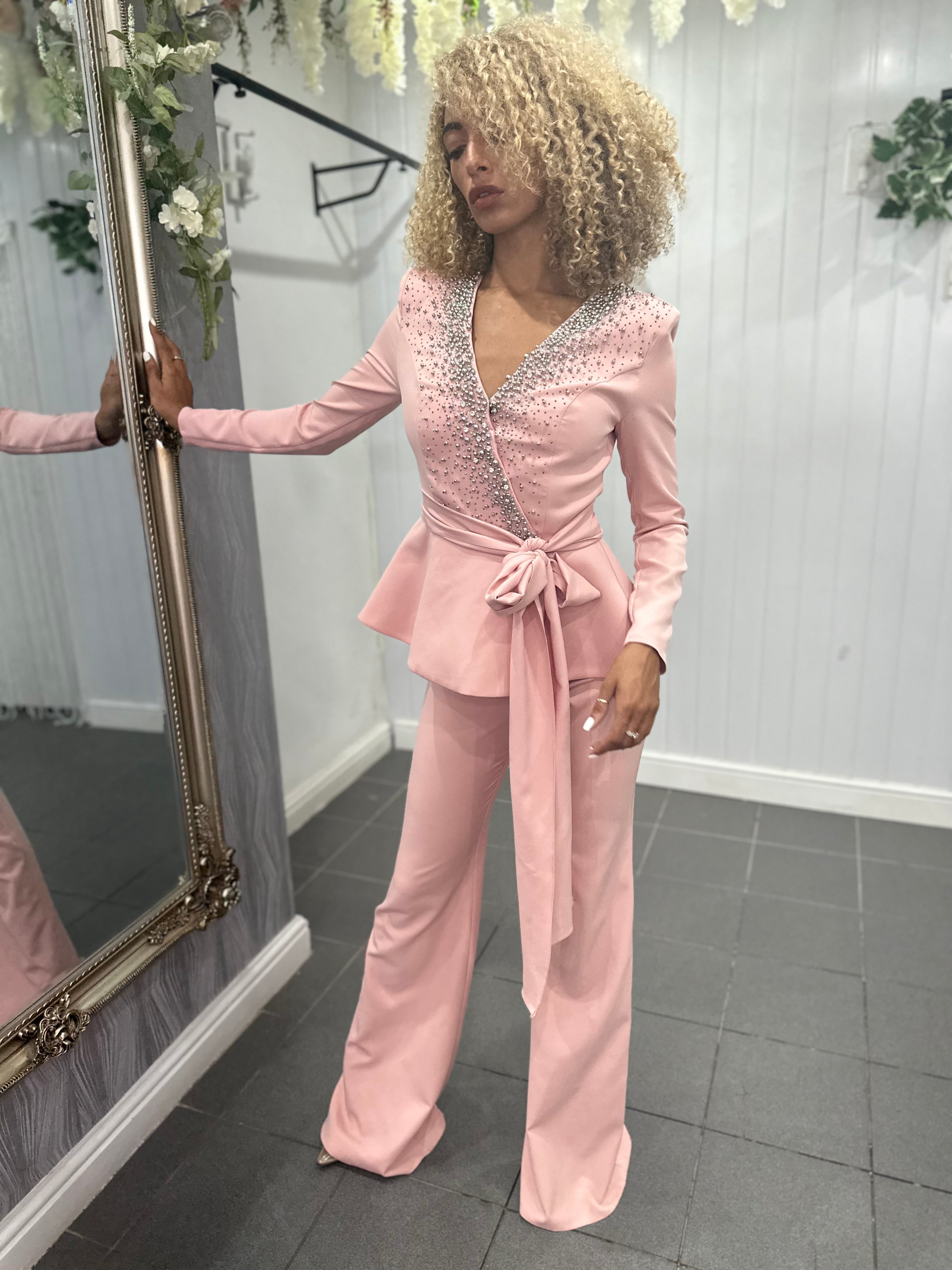 Pink Embellished Beaded Peplum Jumpsuit – jadel-boutique
