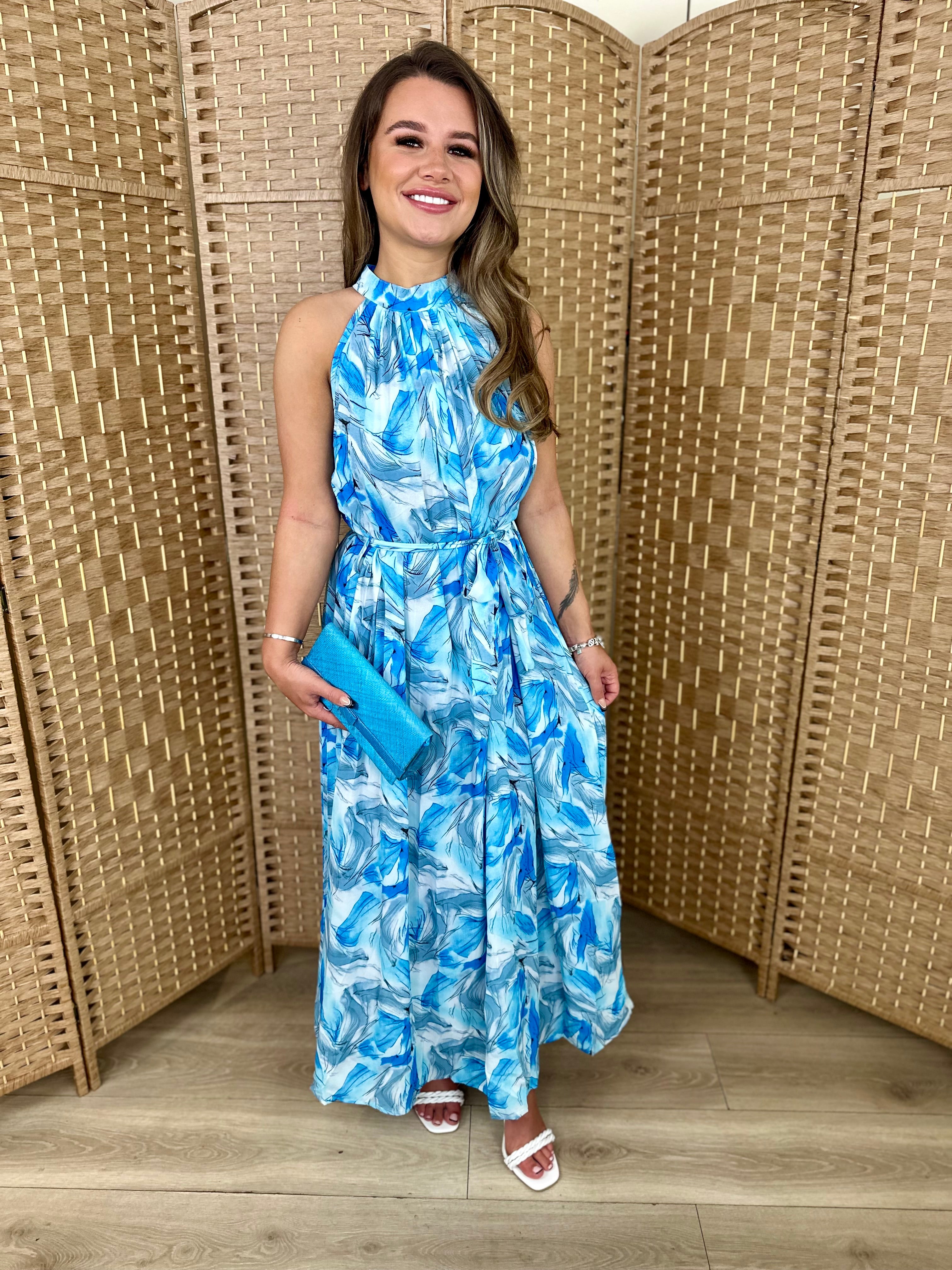 Blue Floral Pleated Midi Dress With Belt