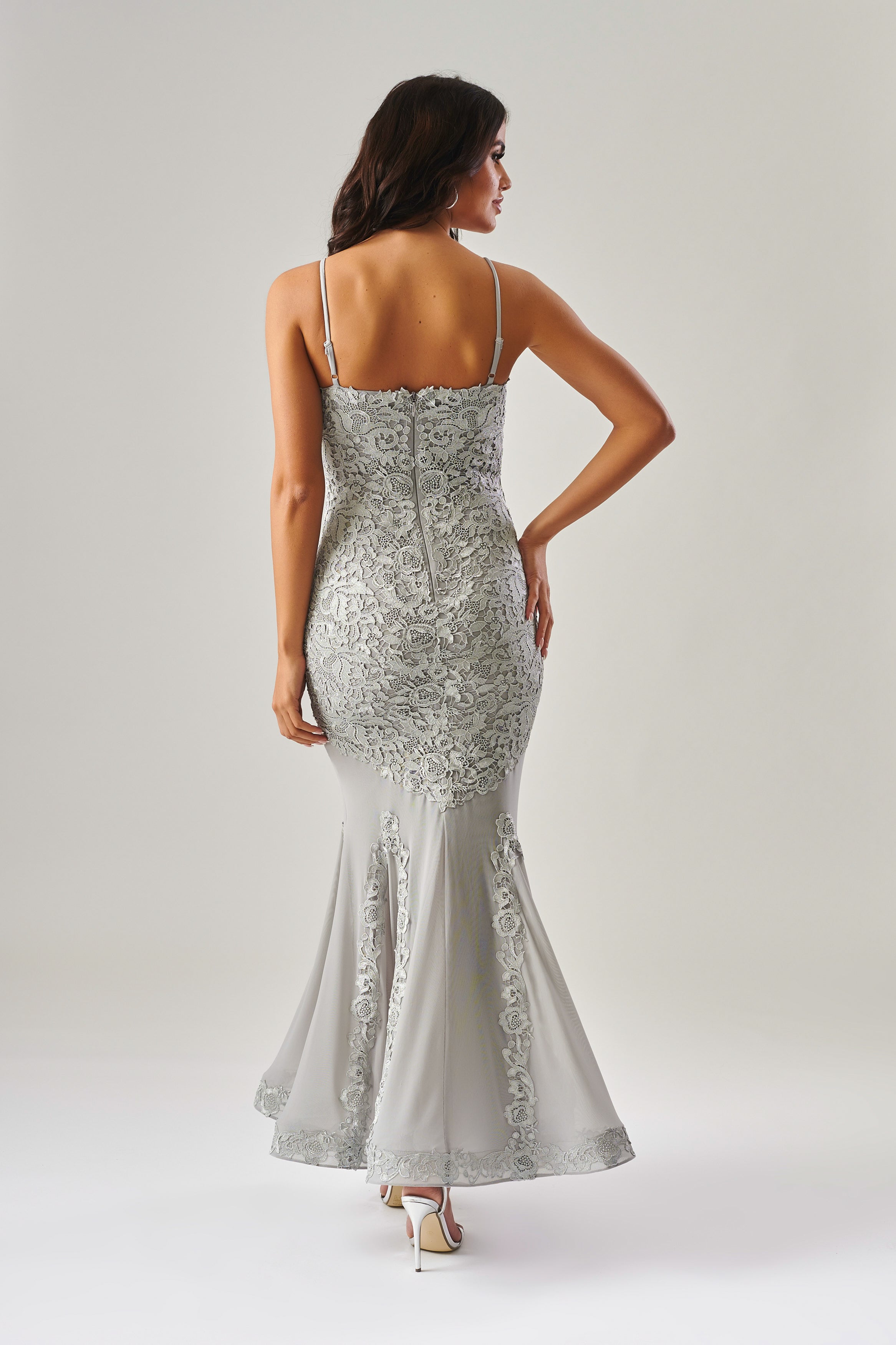 silver flowy dress Flowy Tulle Silver Sequined Prom Dress with Sleeves - $264.992 #MS18053